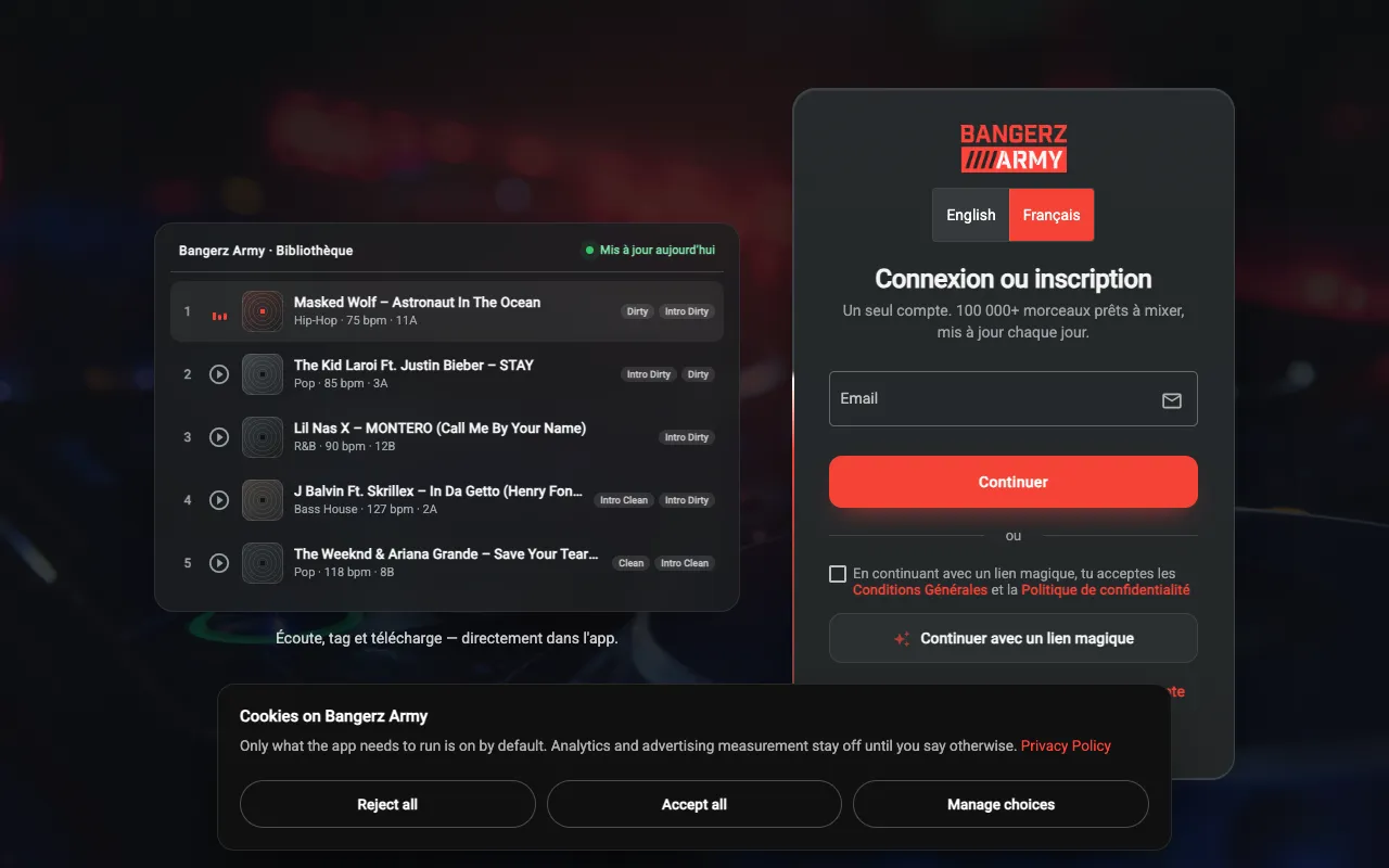 The Bangerz Army - DJ app (music.bangerz-army.com) home page as it renders today